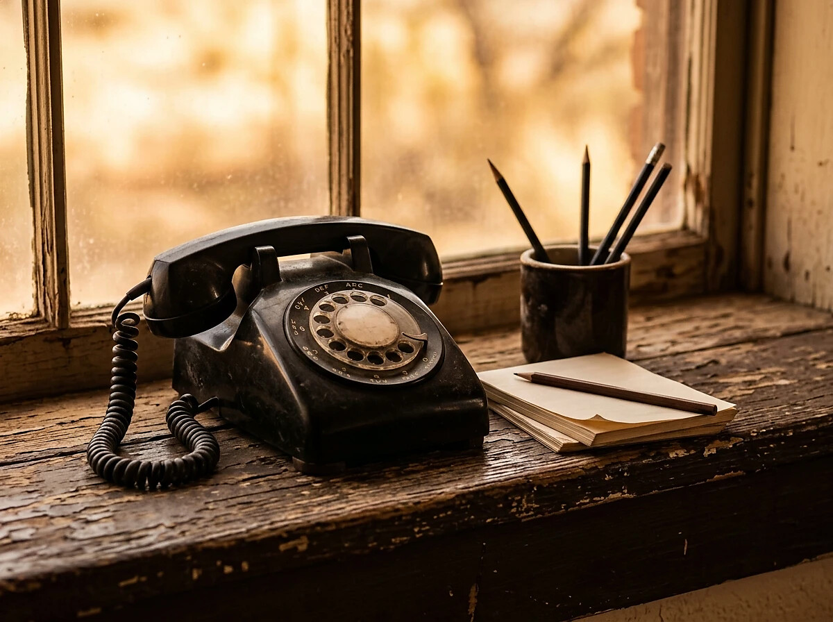 Antique rotary telephone and notepad resting on a weathered windowsill