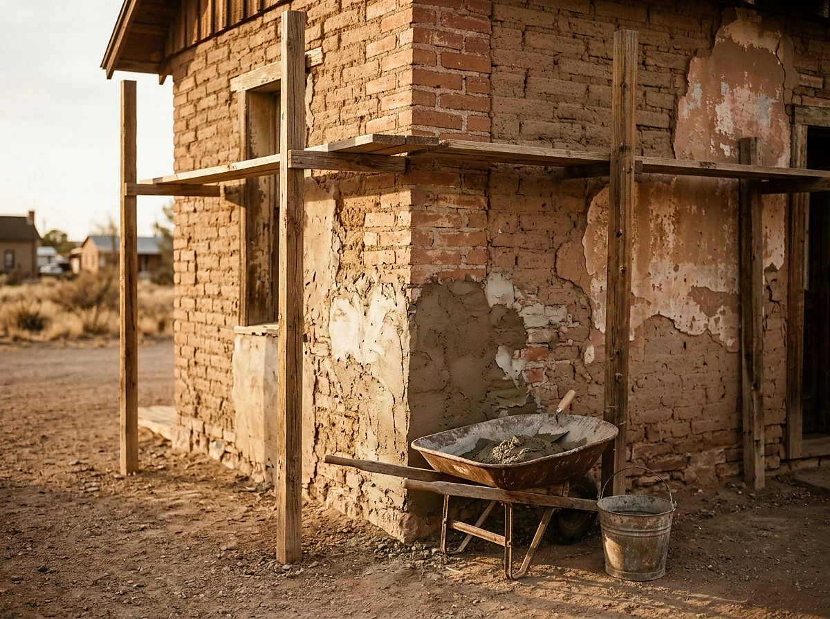 Weathered adobe building under restoration, with scaffolding and preservation tools at its base